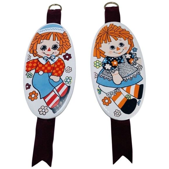 VTG 1980's Ceramic RAGGEDY ANN & ANDY WALL HANGING PLAQUE Set 10" Children Decor